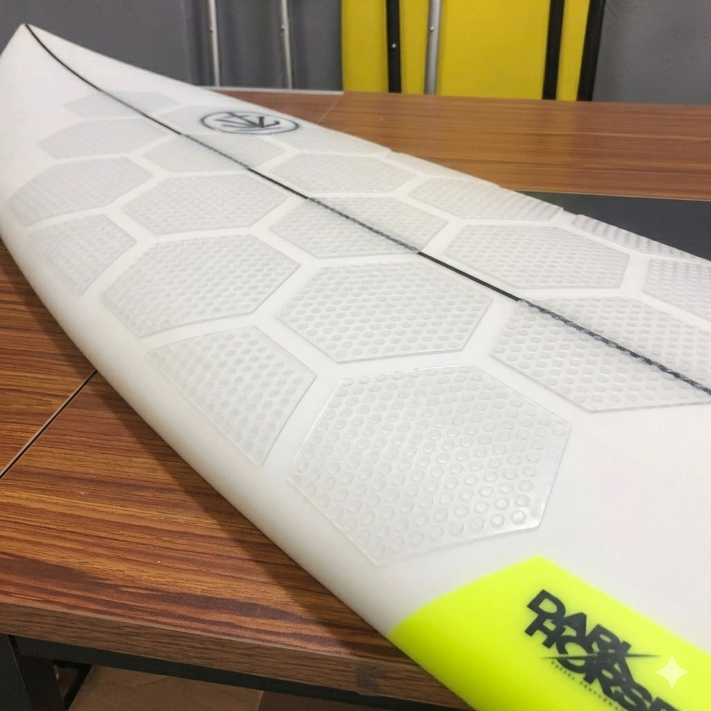 Hex Grip clear dotted waxless traction pads on surfboard deck
