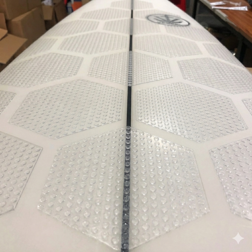 Hex Grip clear dotted traction pads installed on surfboard deck, close-up