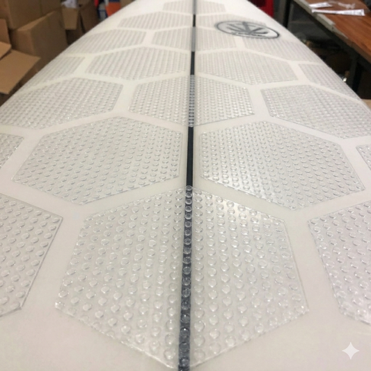 Hex Grip clear dotted traction pads installed on surfboard deck, close-up